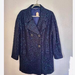 Boucle Double Breasted Iridescent Midnight Navy Sequin pea Coat Jacket - Medium